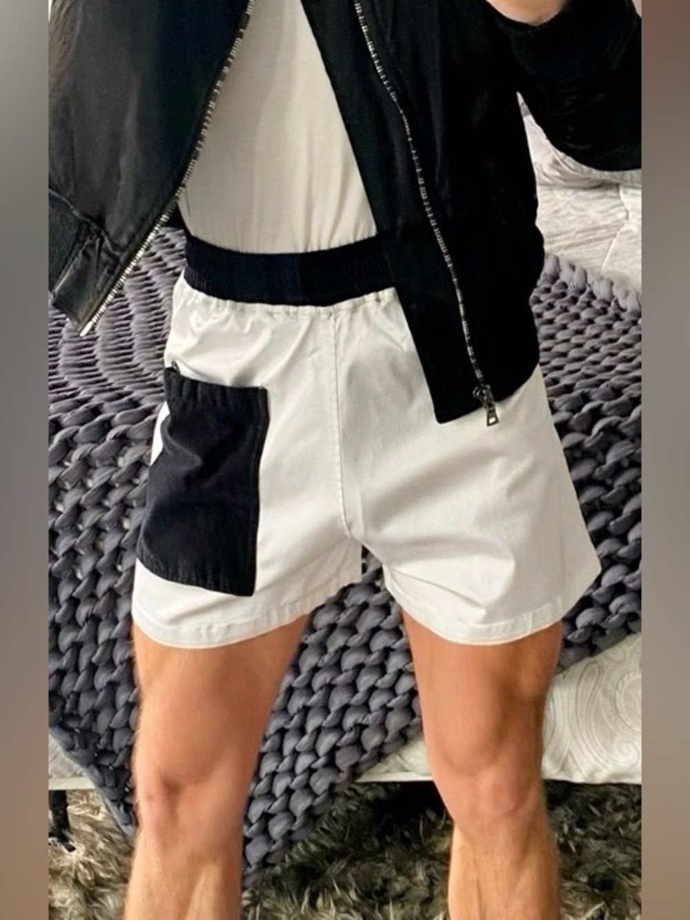 White satin & Black corduroy Ty Stephano Shorts